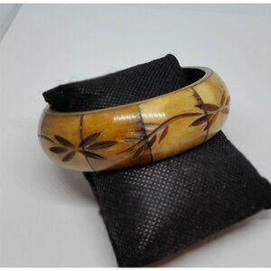 𝅺Vintage brass hand carved leaf bone bangle bracelet boho layering stackable.